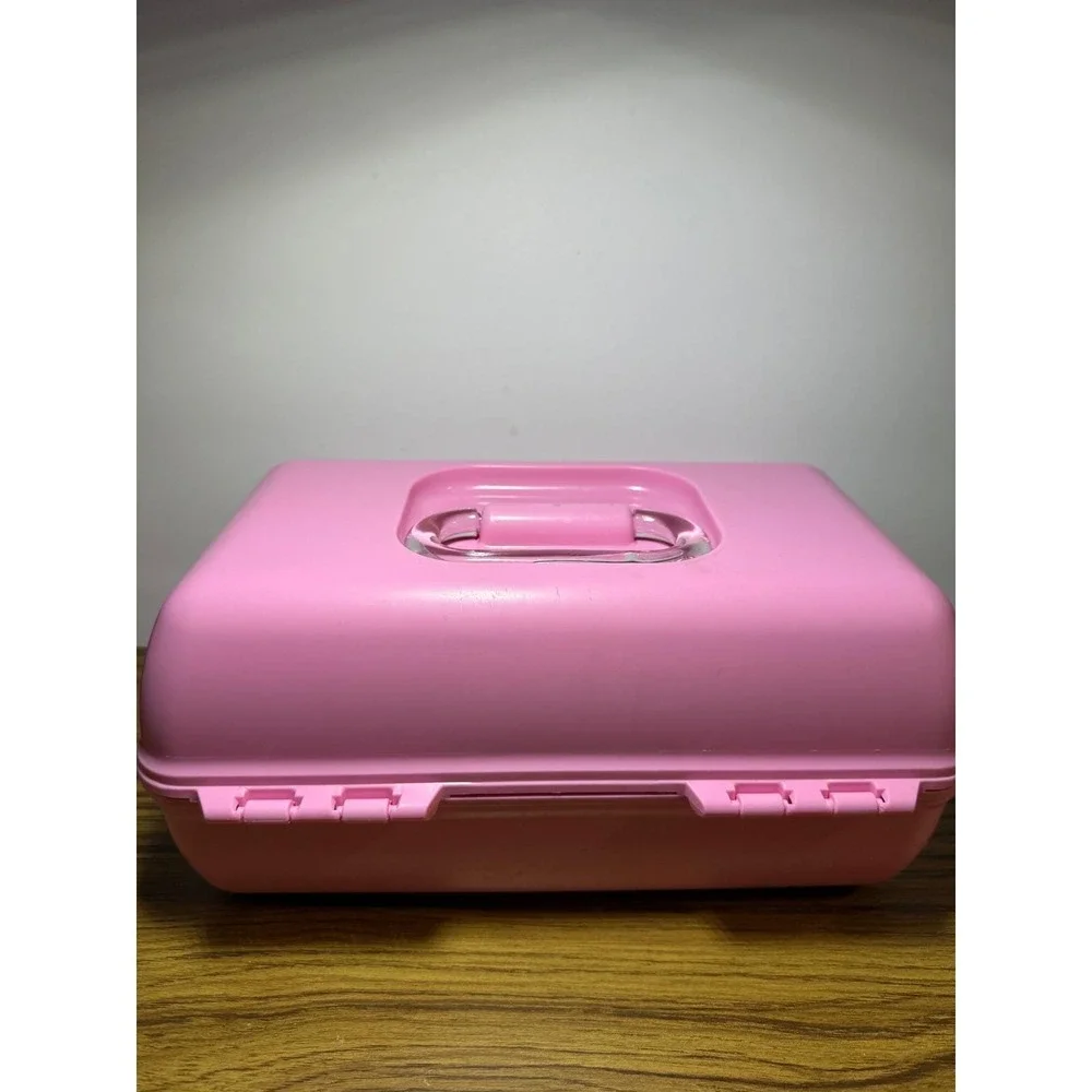 Vintage Caboodles 2 Tier Pink Jewelry Makeup Case Mirror Handle 5626‎
